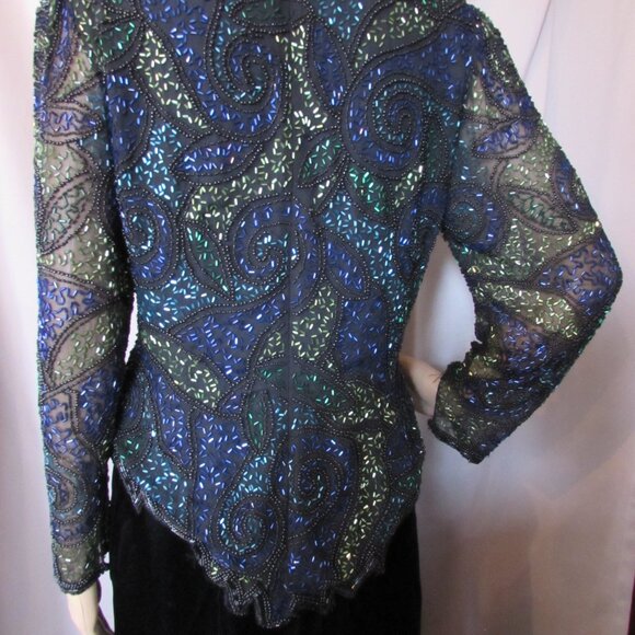 SALE Sparkly Special Event Beaded Top Swirly Blue Green Black - Picture 6 of 11